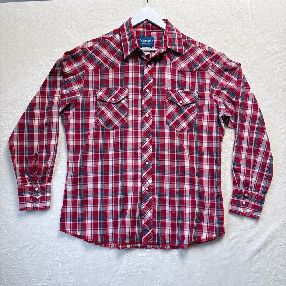 Wrangler Shirt Men Large Red Pearl‎ Snap Plaid Vtg Western Long Sleeve Cowboy